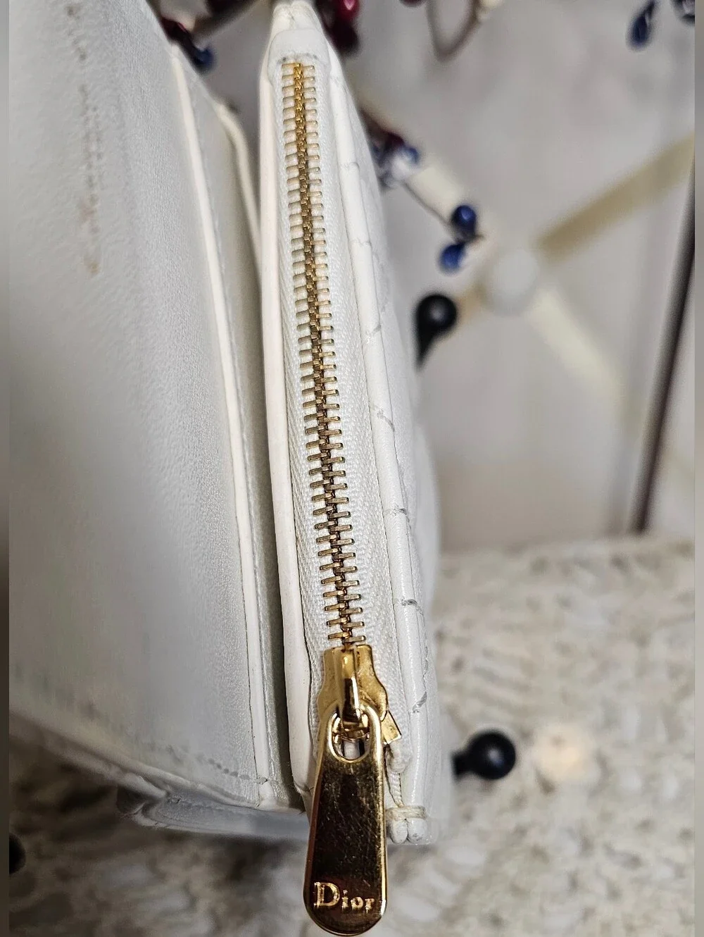 Dior White Quilted Leather Wallet with Gold Pearl Hardware With COA.